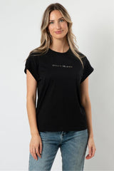 Stella and Gemma Silver Logo Cuff Sleeve T-Shirt Black From BoxHill
