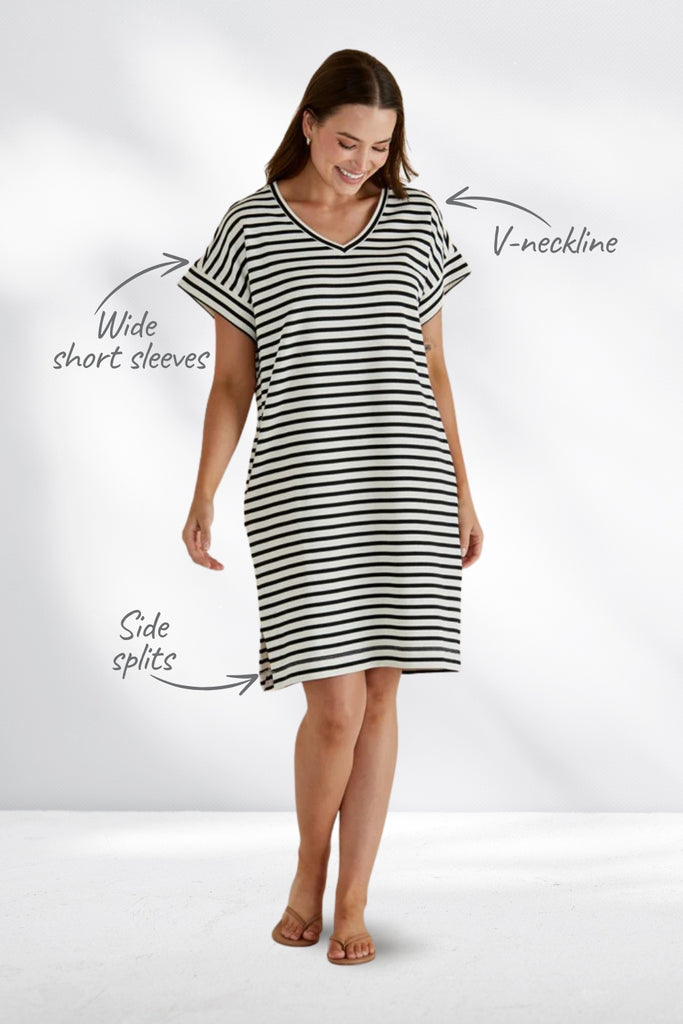 Betty Basics Elise V Neck Rib Dress White Black Stripe From BoxHill