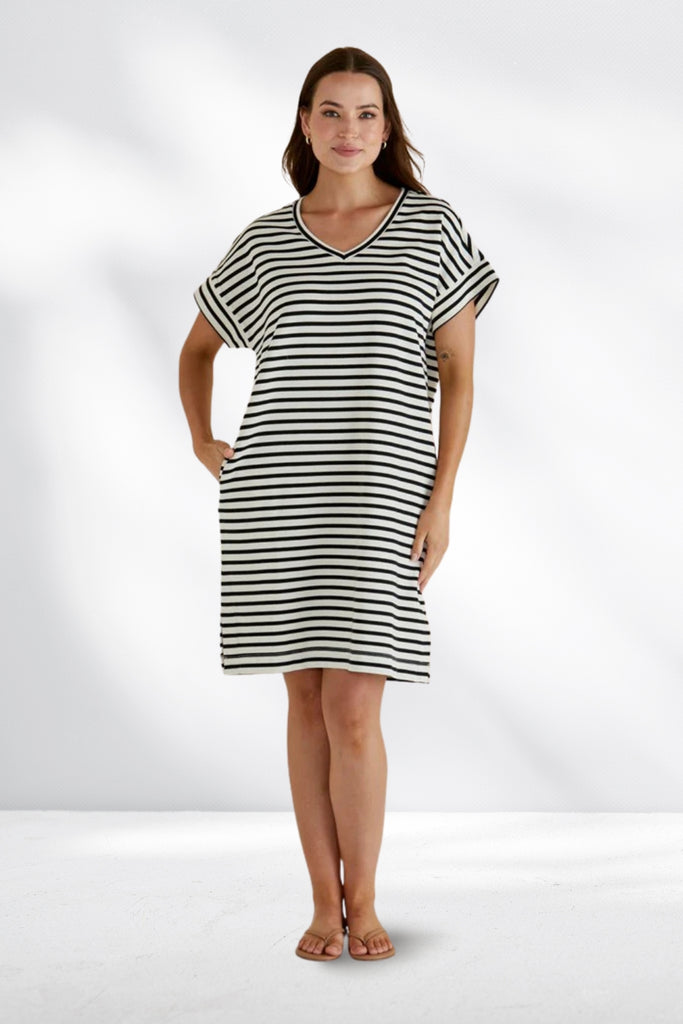 Betty Basics Elise V Neck Rib Dress White Black Stripe From BoxHill