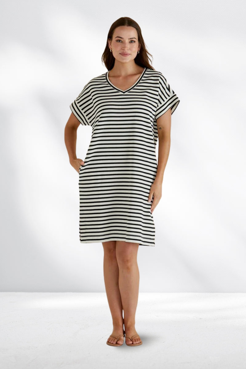 Betty Basics Elise V Neck Rib Dress White Black Stripe Betty Basics ...