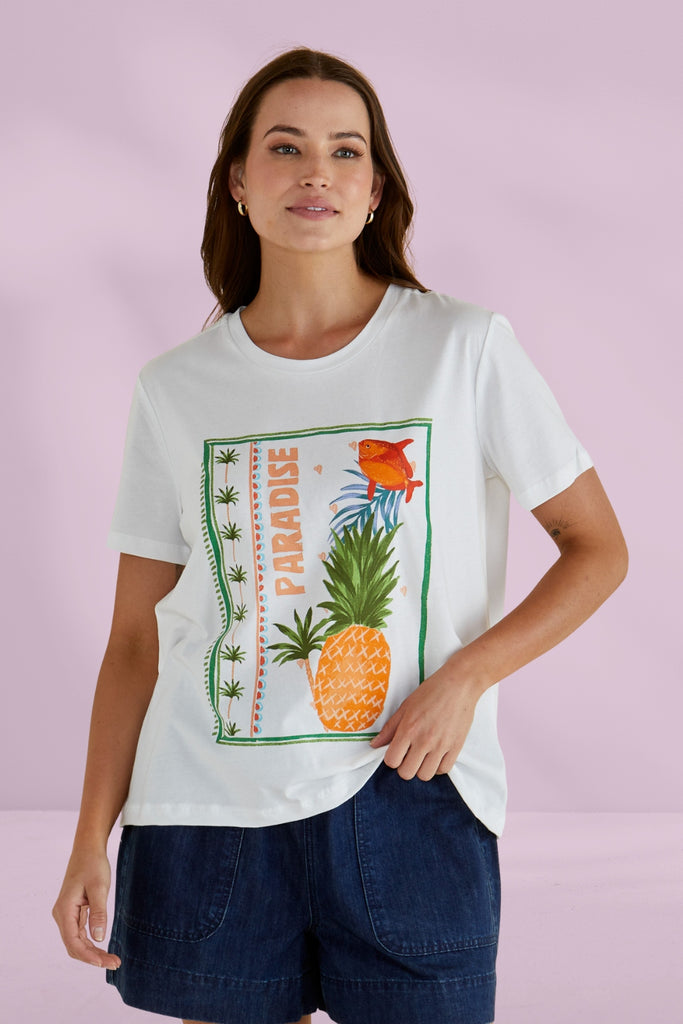 Betty Basics Ellia Crew Tee Paradise Beach Print White From BoxHill