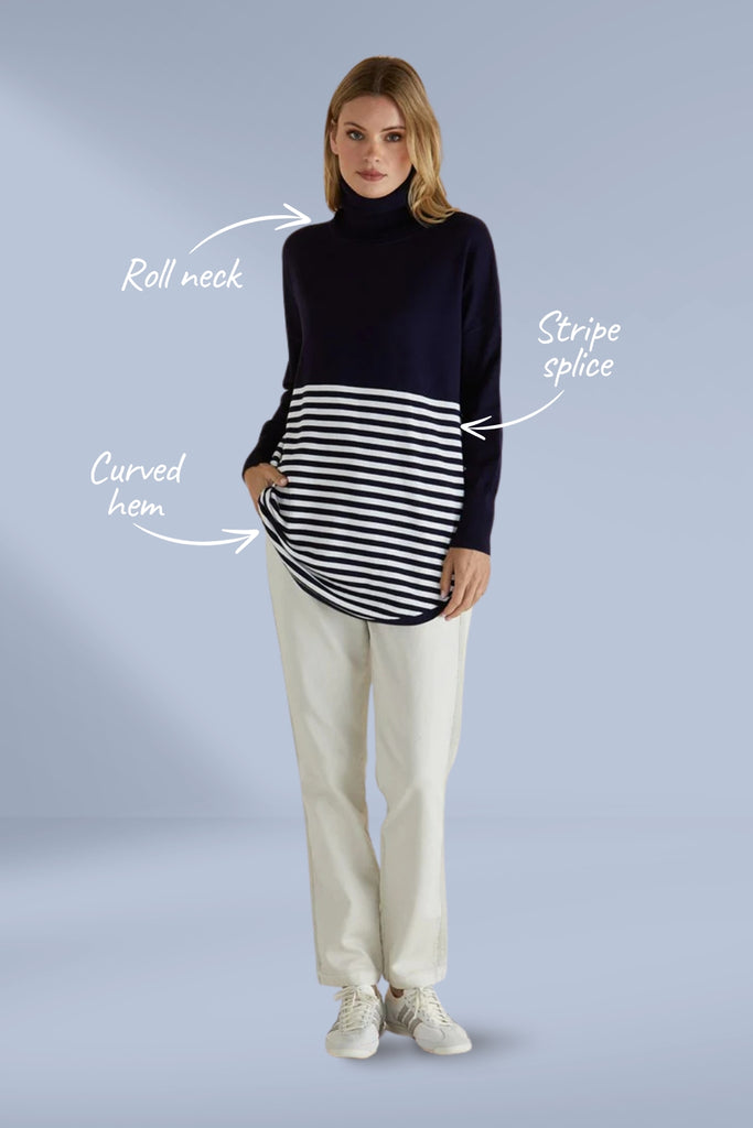 Betty Basics Fleur Roll Neck Jumper Stripe Splice Navy From BoxHill