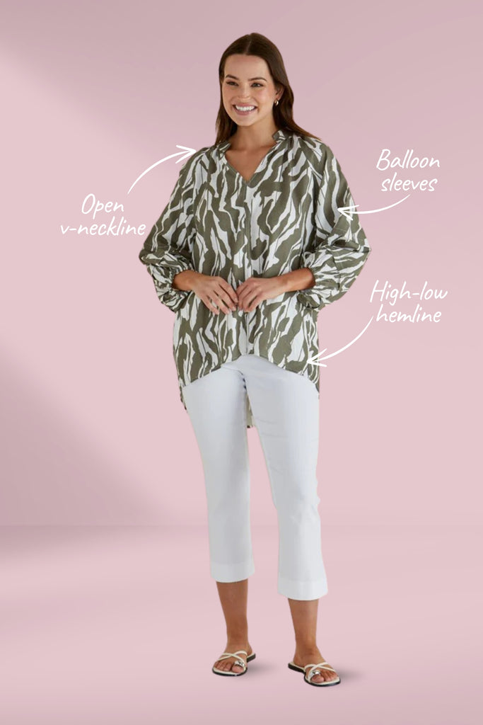 Betty Basics Grazia Blouse Olive Geometric Print From BoxHill
