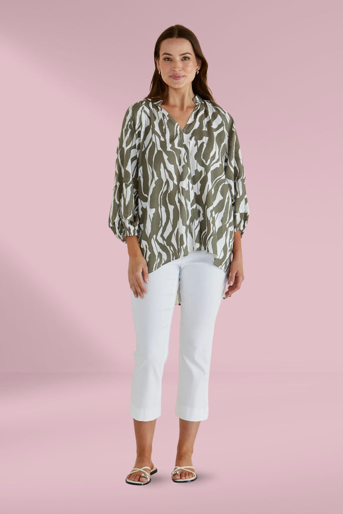 Betty Basics Grazia Blouse Olive Geometric Print From BoxHill