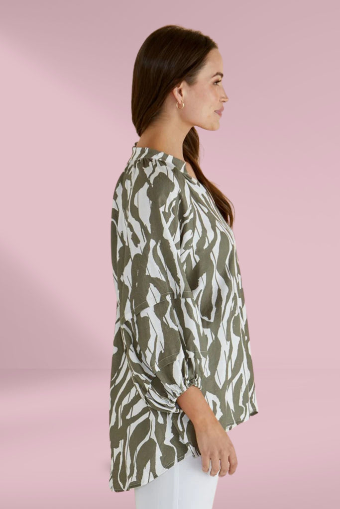 Betty Basics Grazia Blouse Olive Geometric Print From BoxHill