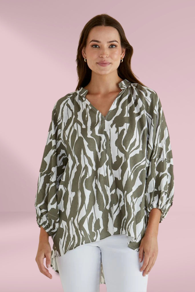 Betty Basics Grazia Blouse Olive Geometric Print From BoxHill