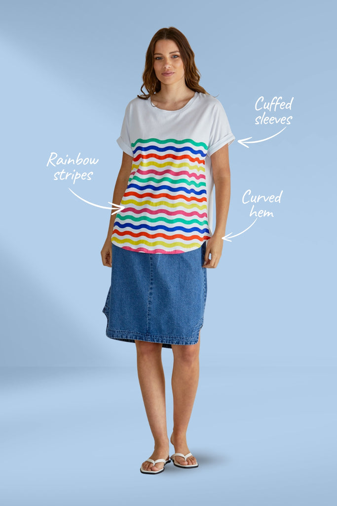 Betty Basics Hailey Short Sleeve Tee Rainbow Wavy Stripe From BoxHill