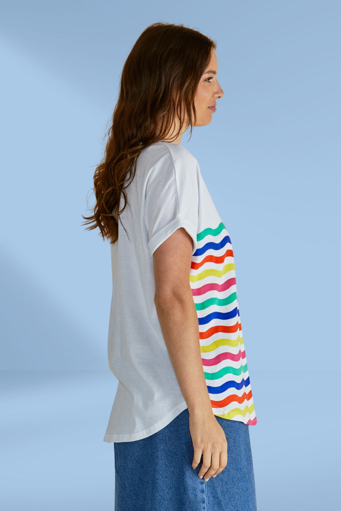 Betty Basics Hailey Short Sleeve Tee Rainbow Wavy Stripe From BoxHill