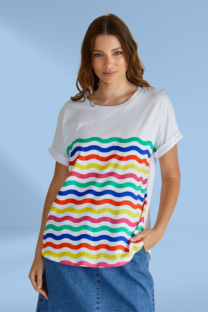 Betty Basics Hailey Short Sleeve Tee Rainbow Wavy Stripe From BoxHill
