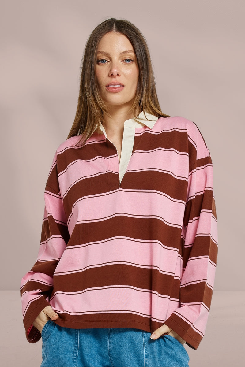 Betty Basics Roland Rugby Top Pink Choc Brown Betty Basics – Boxhill