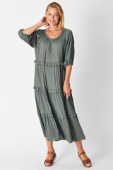 Cordelia St Ruffle Scoop 3/4 Sleeve Dress Khaki From BoxHill