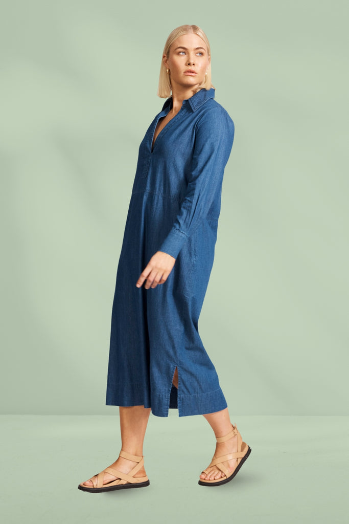 Eb and Ive Melenia Denim Collared Dress Indigo From BoxHill