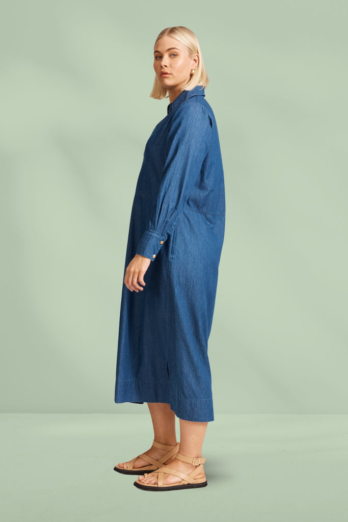 Eb and Ive Melenia Denim Collared Dress Indigo From BoxHill