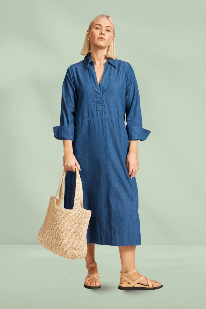 Eb and Ive Melenia Denim Collared Dress Indigo From BoxHill