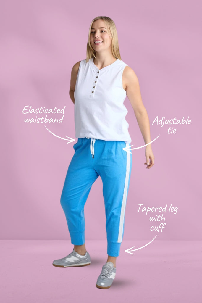 Elm Brunch Pants Azure Blue and White Trim From BoxHill