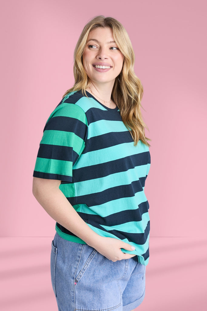 Elm Eden Stripe Short Sleeve Tee Blue and Green Stripe From BoxHill