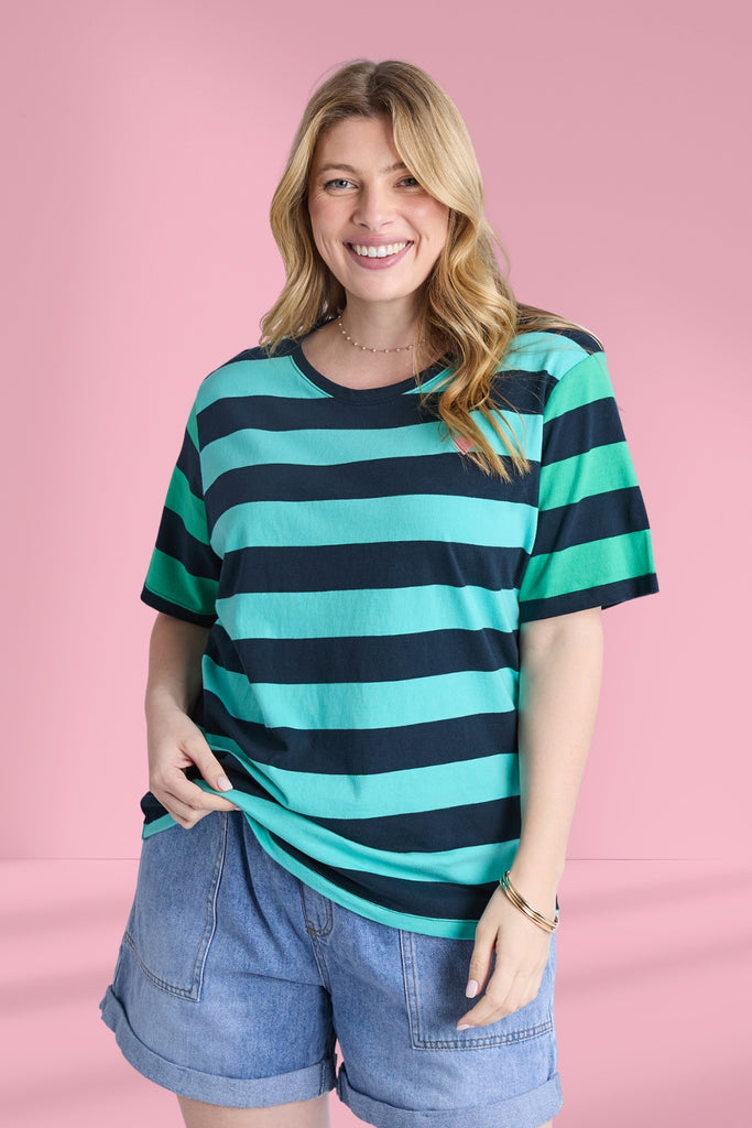 Elm Eden Stripe Short Sleeve Tee Blue and Green Stripe From BoxHill