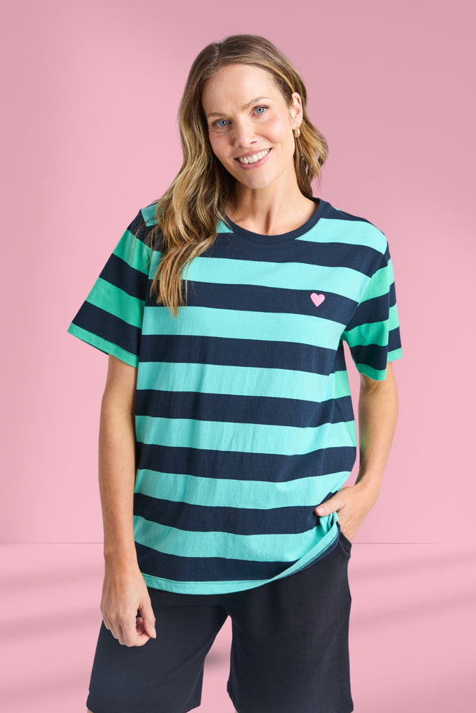 Elm Eden Stripe Short Sleeve Tee Blue and Green Stripe From BoxHill