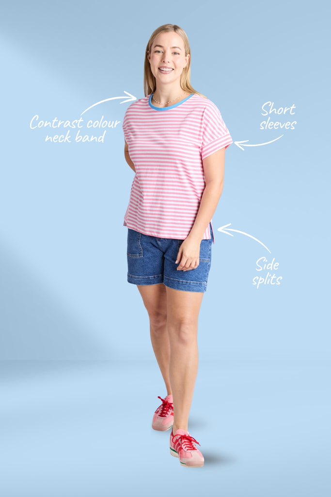 Elm Jarrah Stripe Short Sleeve Tee Geranium Pink and White Stripe From BoxHill