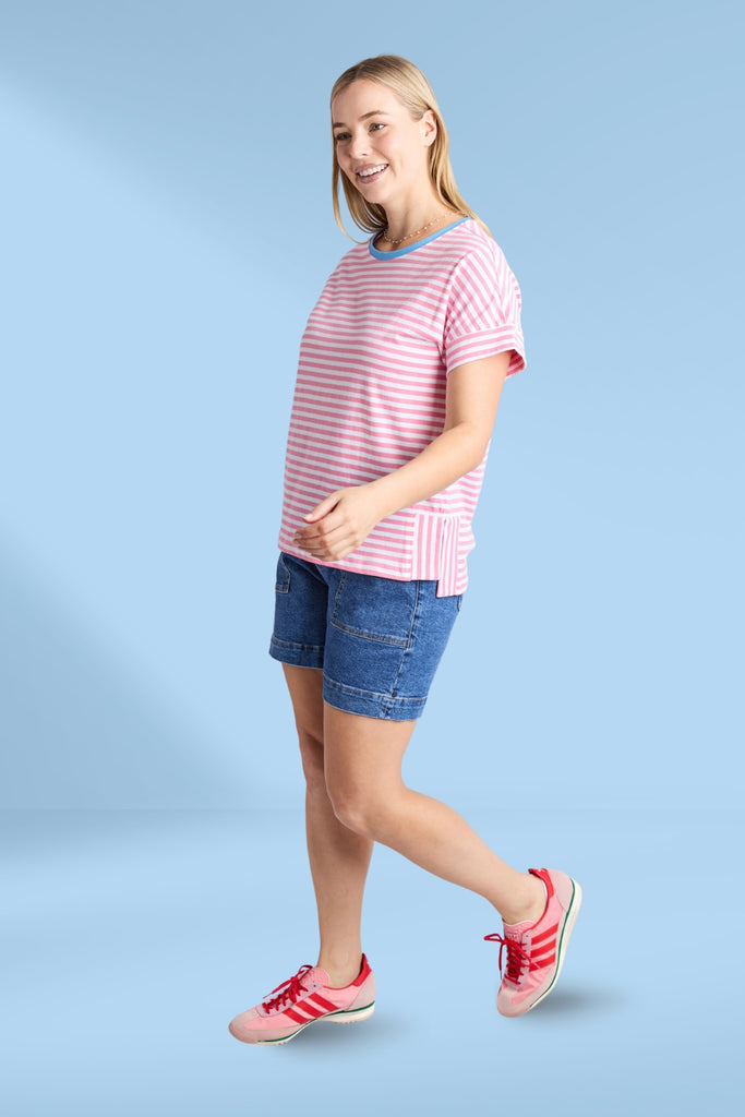 Elm Jarrah Stripe Short Sleeve Tee Geranium Pink and White Stripe From BoxHill
