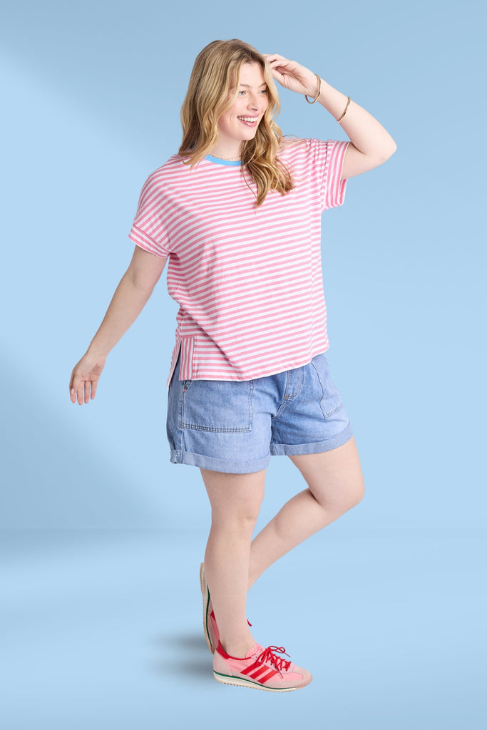 Elm Jarrah Stripe Short Sleeve Tee Geranium Pink and White Stripe From BoxHill