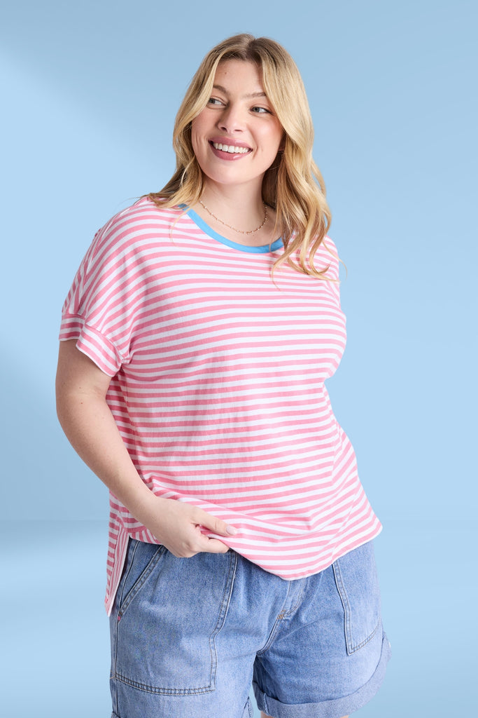 Elm Jarrah Stripe Short Sleeve Tee Geranium Pink and White Stripe From BoxHill