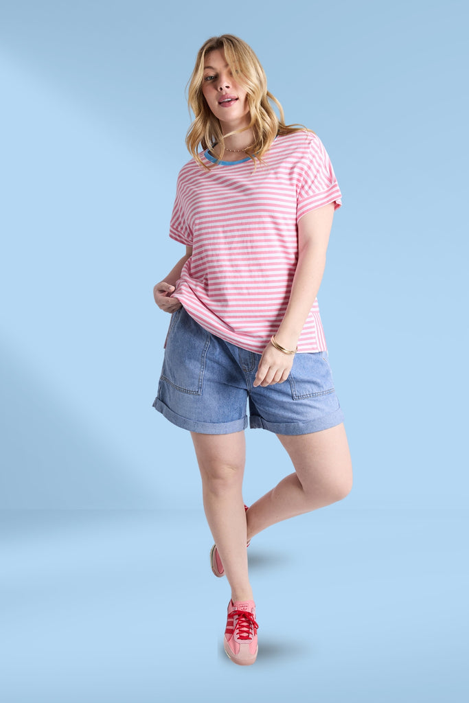 Elm Jarrah Stripe Short Sleeve Tee Geranium Pink and White Stripe From BoxHill