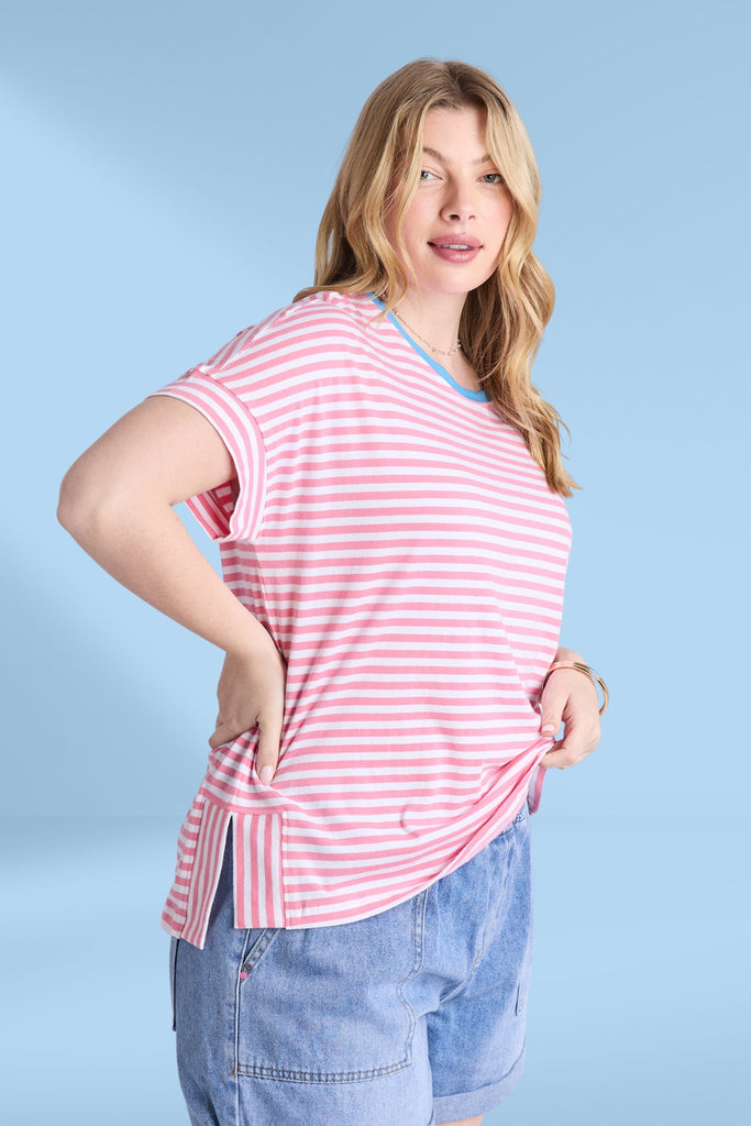 Elm Jarrah Stripe Short Sleeve Tee Geranium Pink and White Stripe From BoxHill
