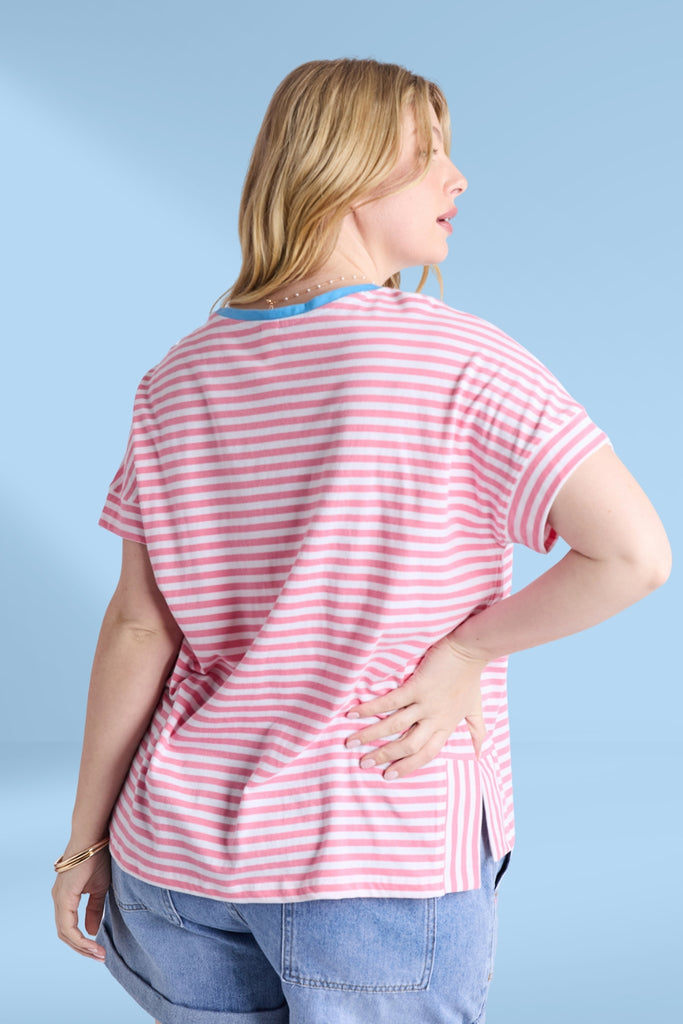 Elm Jarrah Stripe Short Sleeve Tee Geranium Pink and White Stripe From BoxHill