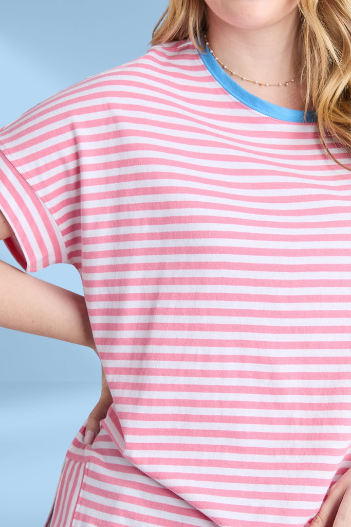 Elm Jarrah Stripe Short Sleeve Tee Geranium Pink and White Stripe From BoxHill