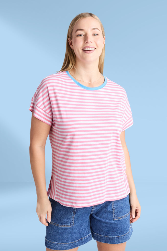 Elm Jarrah Stripe Short Sleeve Tee Geranium Pink and White Stripe From BoxHill