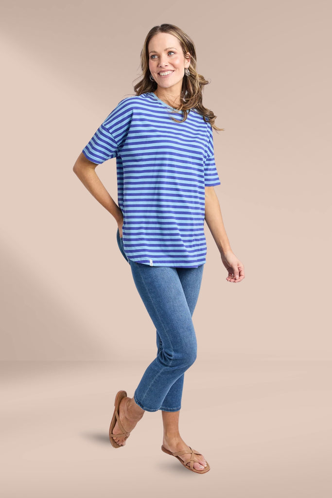 Elm Lauren Short Sleeve Tee Stripe Oceana Blue and Dusk Blue From BoxHill