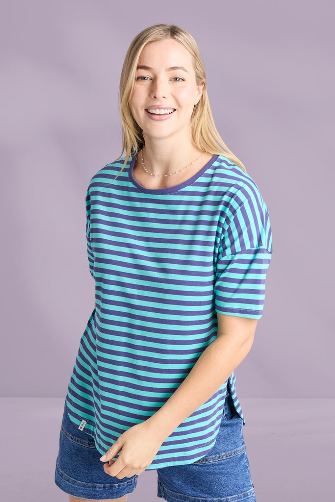 Elm Lauren Short Sleeve Tee Vintage Blue and Pool Blue Stripe From BoxHill