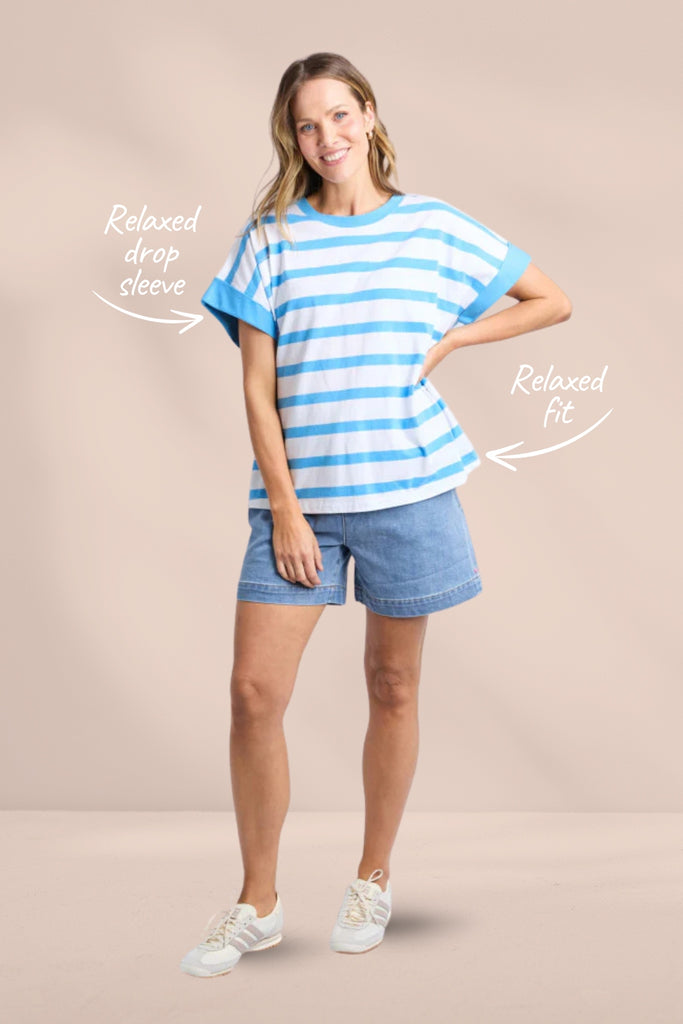 Elm Maddison Tee Azure Blue and White Stripe From BoxHill