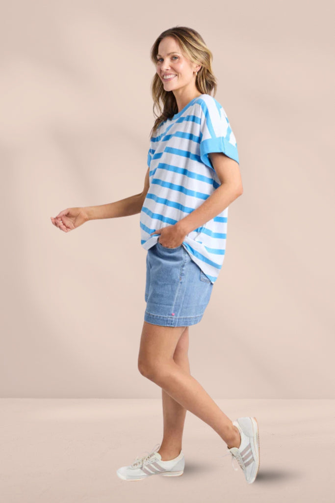 Elm Maddison Tee Azure Blue and White Stripe From BoxHill