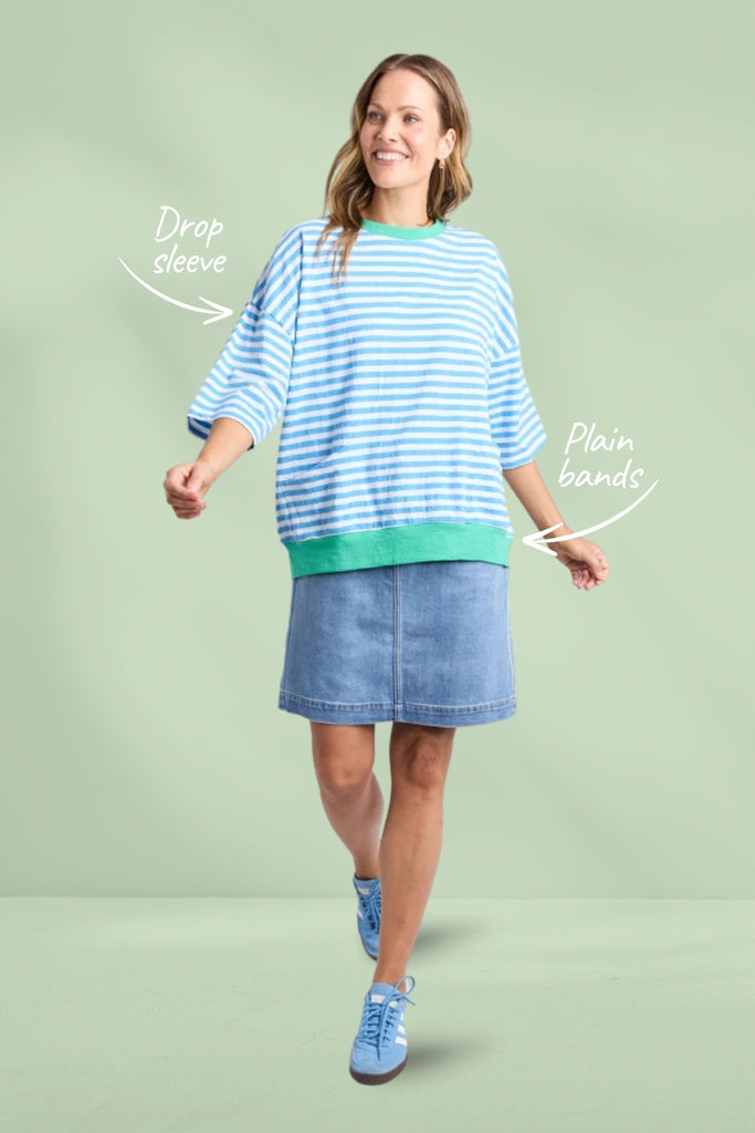 Elm Mazie Stripe Ringer Sweat Azure White Stripe Gumdrop Bands From BoxHill