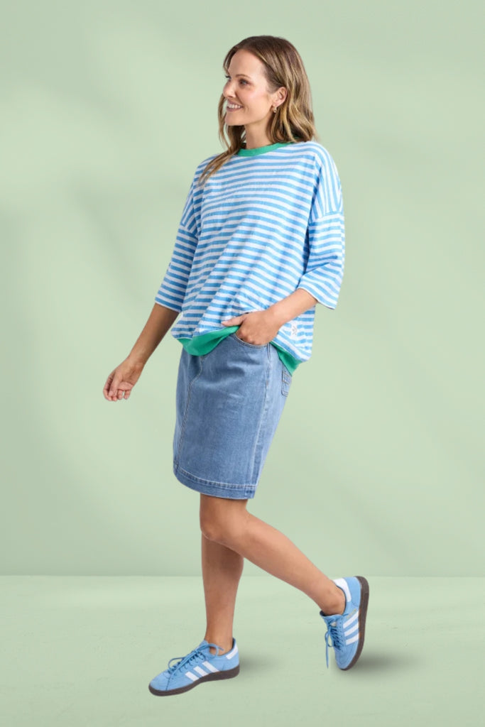 Elm Mazie Stripe Ringer Sweat Azure White Stripe Gumdrop Bands From BoxHill