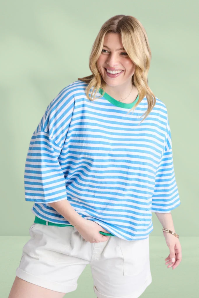 Elm Mazie Stripe Ringer Sweat Azure White Stripe Gumdrop Bands From BoxHill