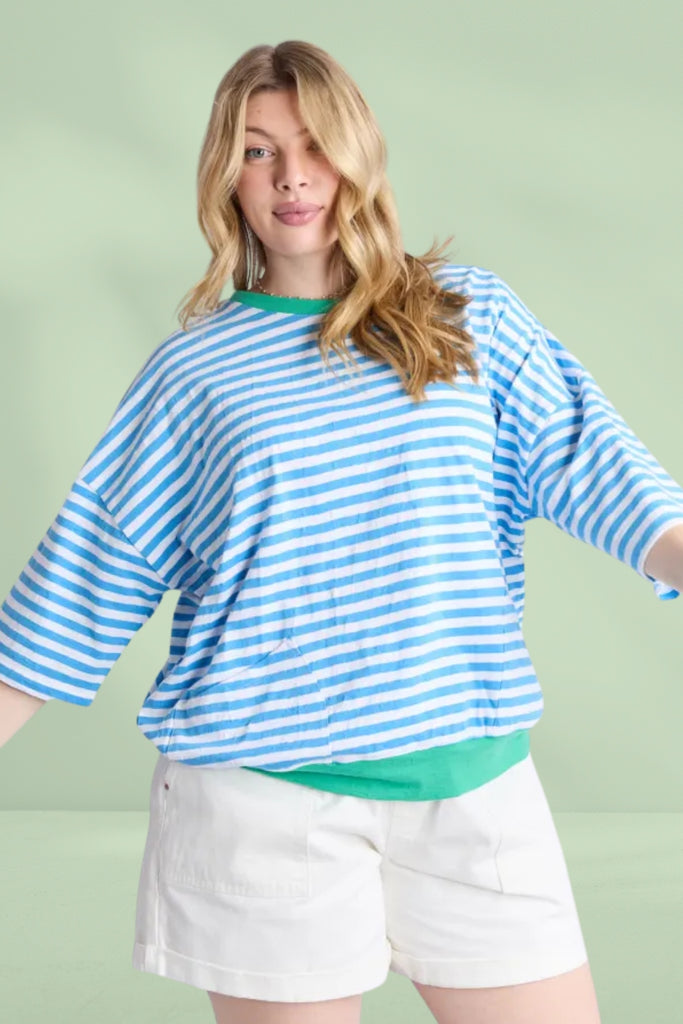 Elm Mazie Stripe Ringer Sweat Azure White Stripe Gumdrop Bands From BoxHill