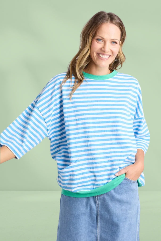 Elm Mazie Stripe Ringer Sweat Azure White Stripe Gumdrop Bands From BoxHill