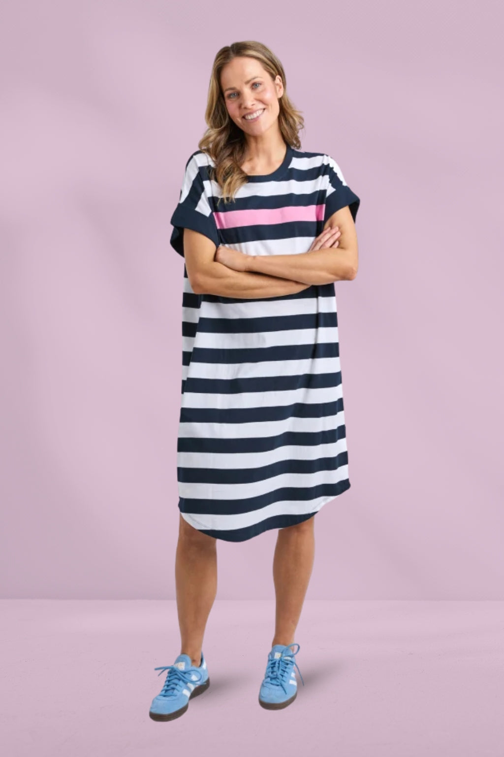 Elm Mckinley Dress Navy and White Stripe with Pink Elm