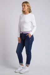 Elm Melody Denim Jogger Jeans Pink Blue Stripe Waist Dark Blue Wash From BoxHill