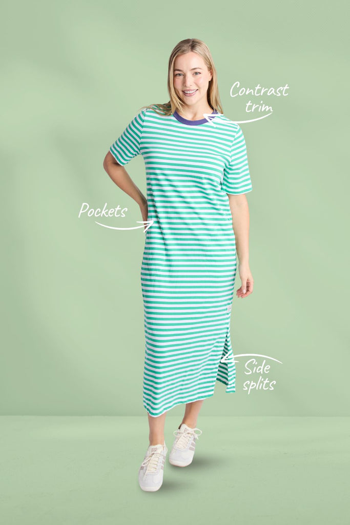 Elm Merry Tee Dress Gumdrop Green and White Stripe From BoxHill