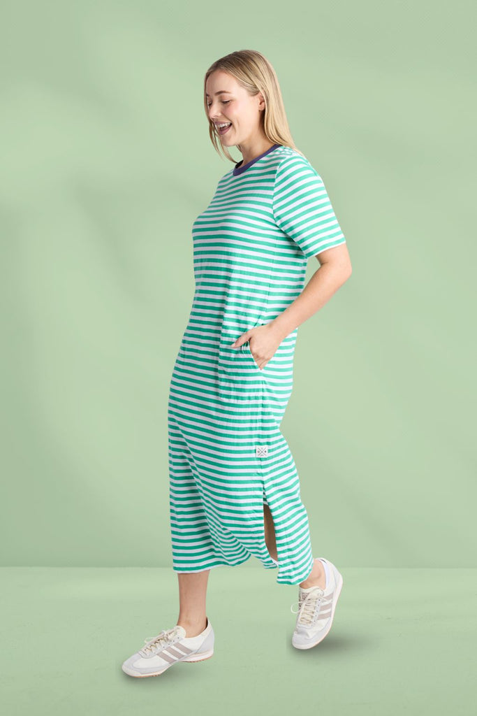 Elm Merry Tee Dress Gumdrop Green and White Stripe From BoxHill