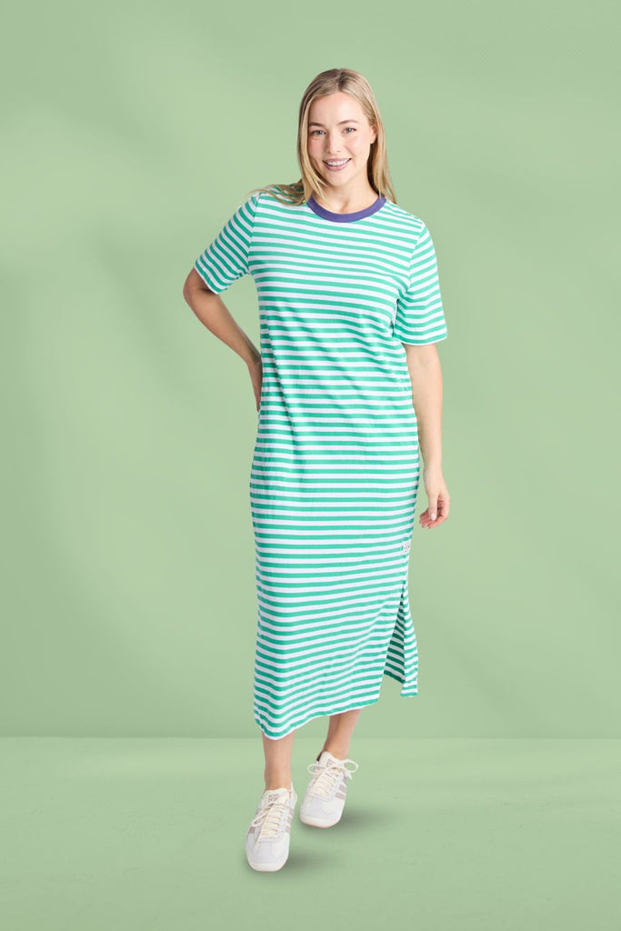 Elm Merry Tee Dress Gumdrop Green and White Stripe From BoxHill