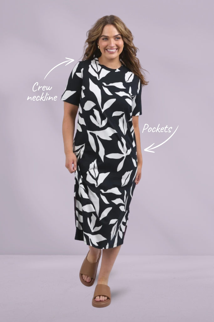 Elm Mimosa Tee Dress Black Yardage Print From BoxHill