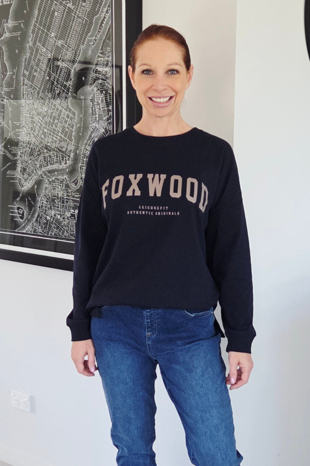Foxwood Interval Long Sleeve Tee Navy With Brown Foxwood