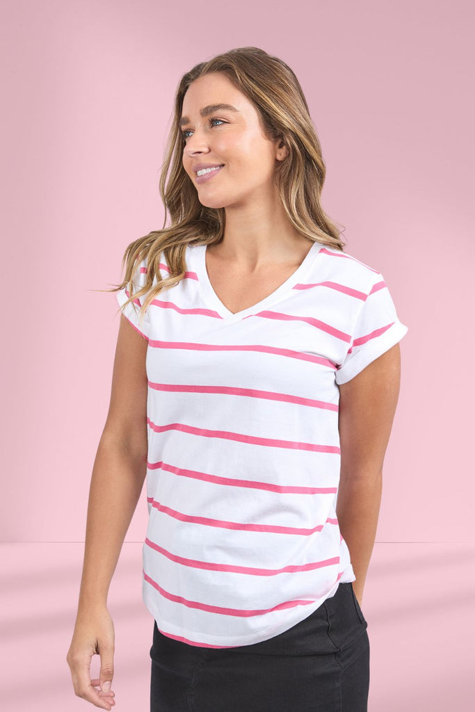 Foxwood Manly Stripe Vee Tee Hot Pink From BoxHill