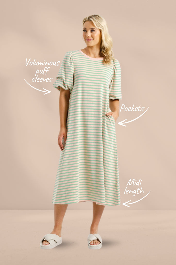 PRE-ORDER Homelee Ivy Midi Dress Candy Apple Stripes From BoxHill