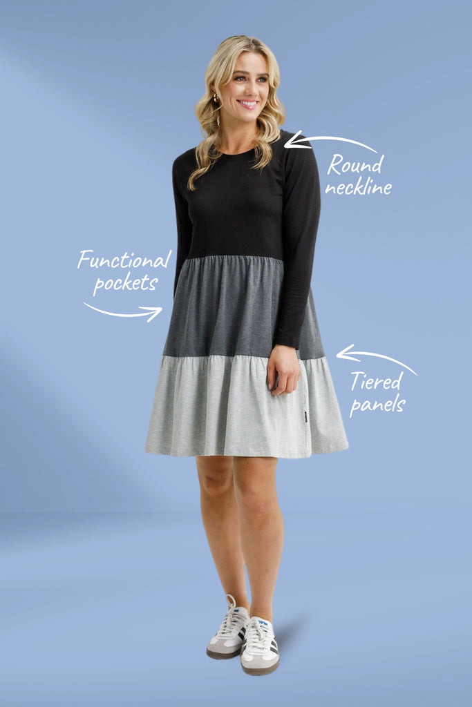 Homelee Long Sleeve Kylie Dress Black Charcoal Grey From BoxHill